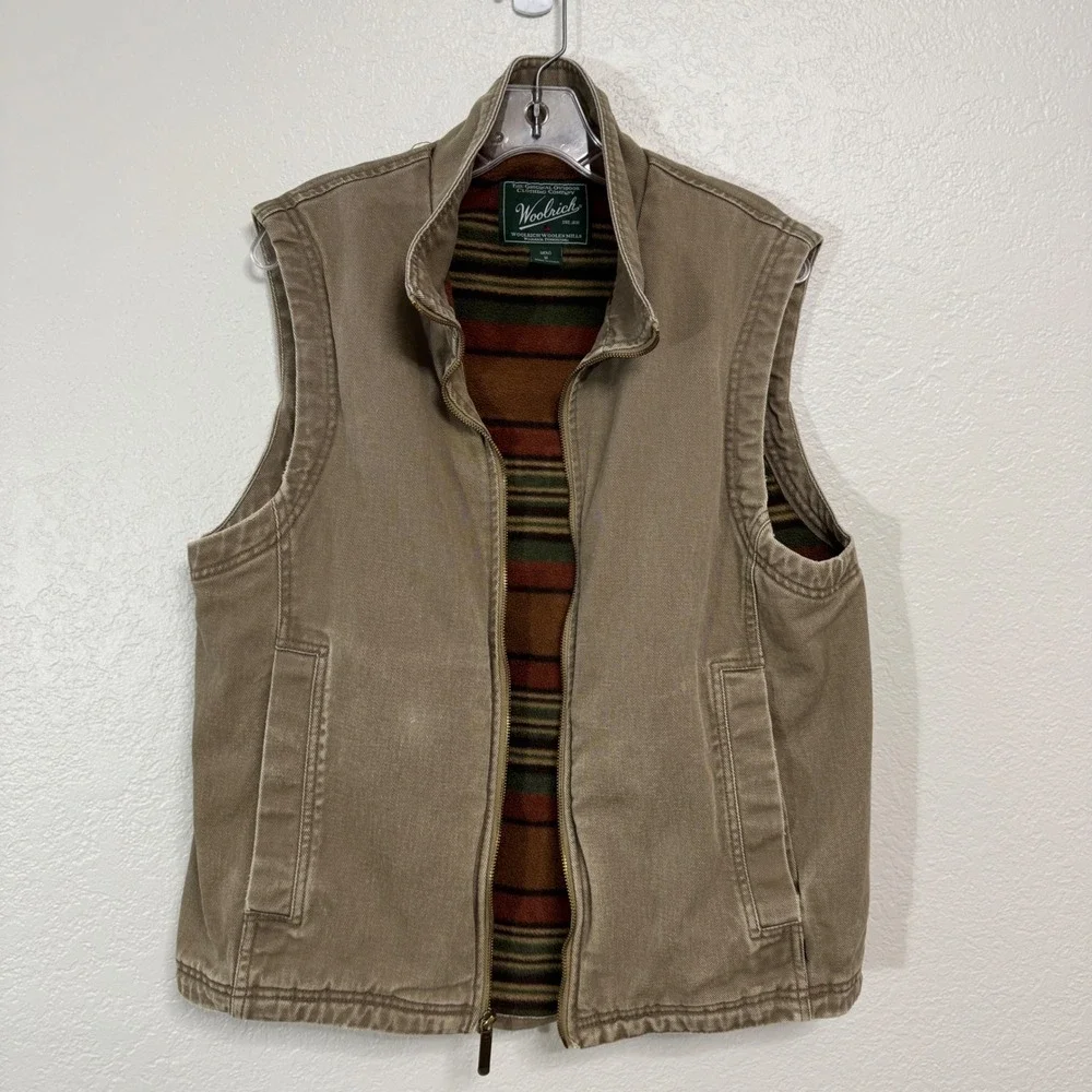 Woolrich Vest Mens M Tan Canvas Striped Fleece Lined Full Zip Rugged Workwear